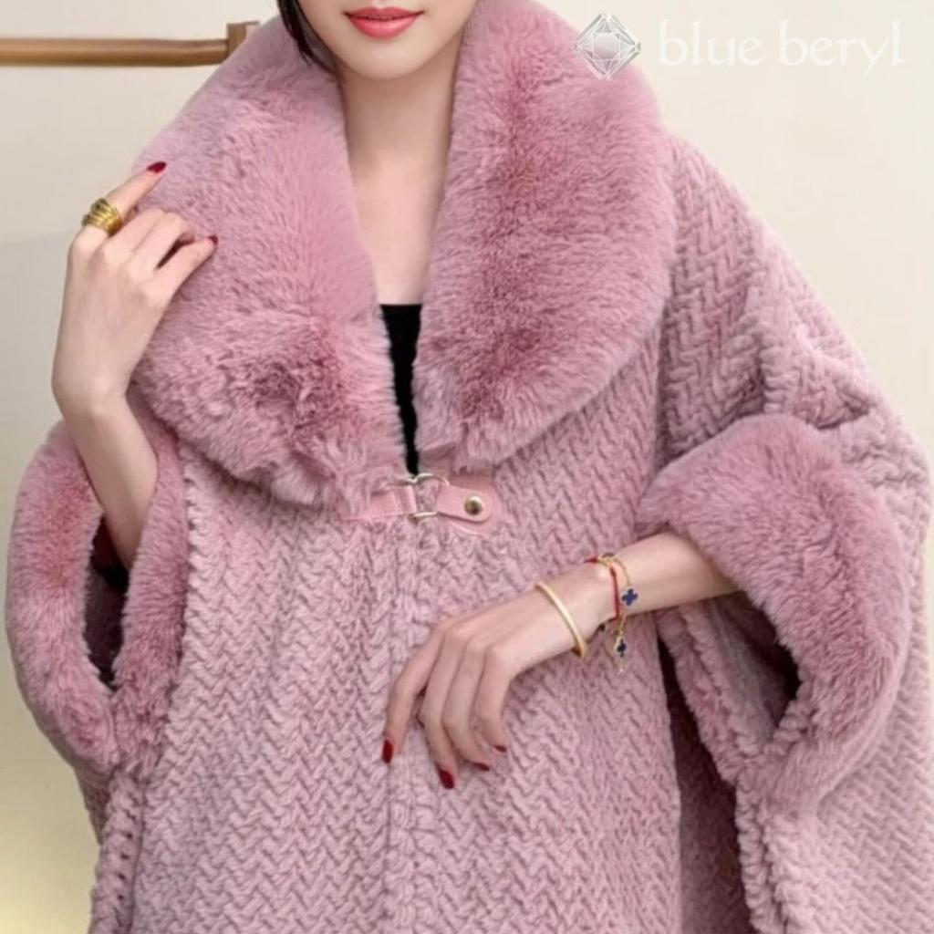 Blue Beryl Faux Fur Cape Shawl Herringbone Oversized Loose and Coat, Collar, Weave, A-Line, Fluffy, Collar, Fit, Warmth, Figure-Flattering, Pink,