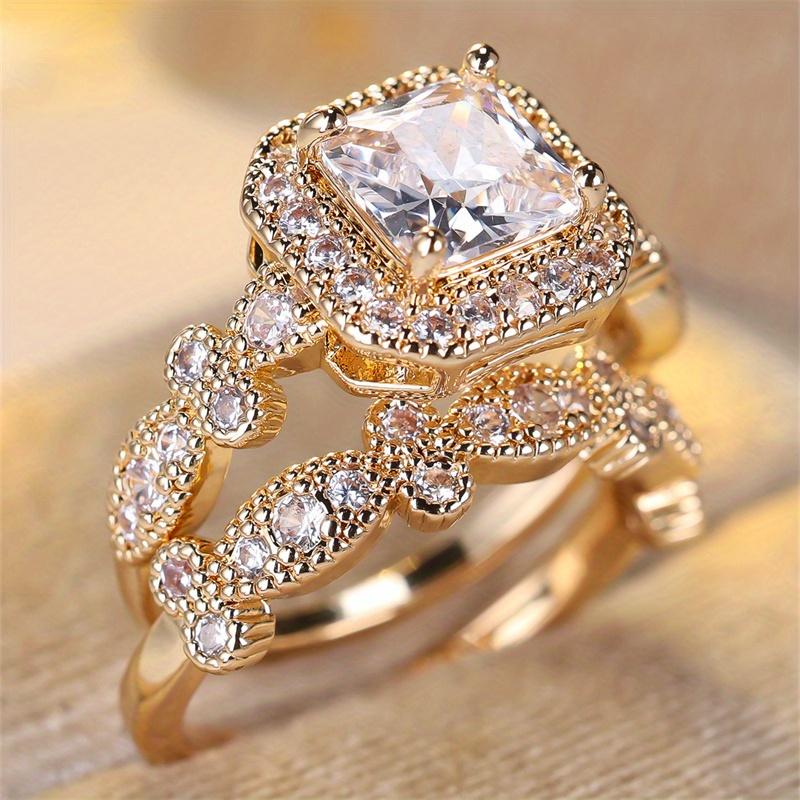 2 Pcs/set Golden Color Square Cut White Stone Ring Set Wedding Band Valentine's Day Jewelry