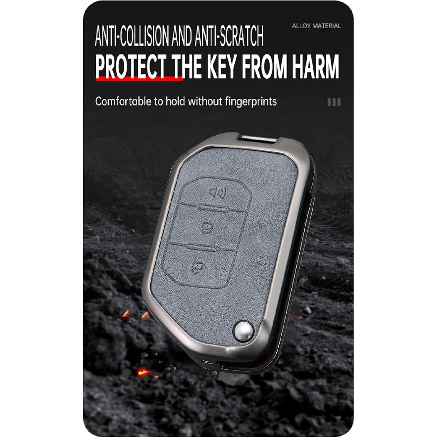 SANRILY Gray Metal Leather 3 Button Flip Key Fob Cover Fit for Jeep Wrangler JL JLU Gladiator JT Rubicon Sahara JLU 2018-2022 Keyless Key Holder with