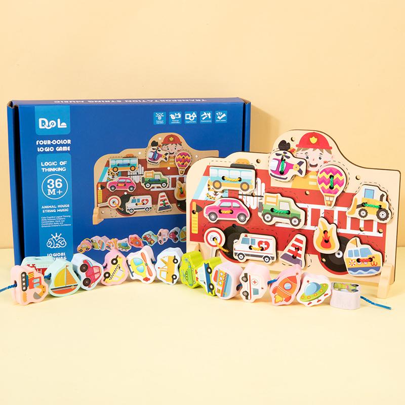 

2-in-1 Montessori Wooden Bead String Game Rope Threading Toy Shape Matching Grab Board Kids Early Education Enlightenment Toy