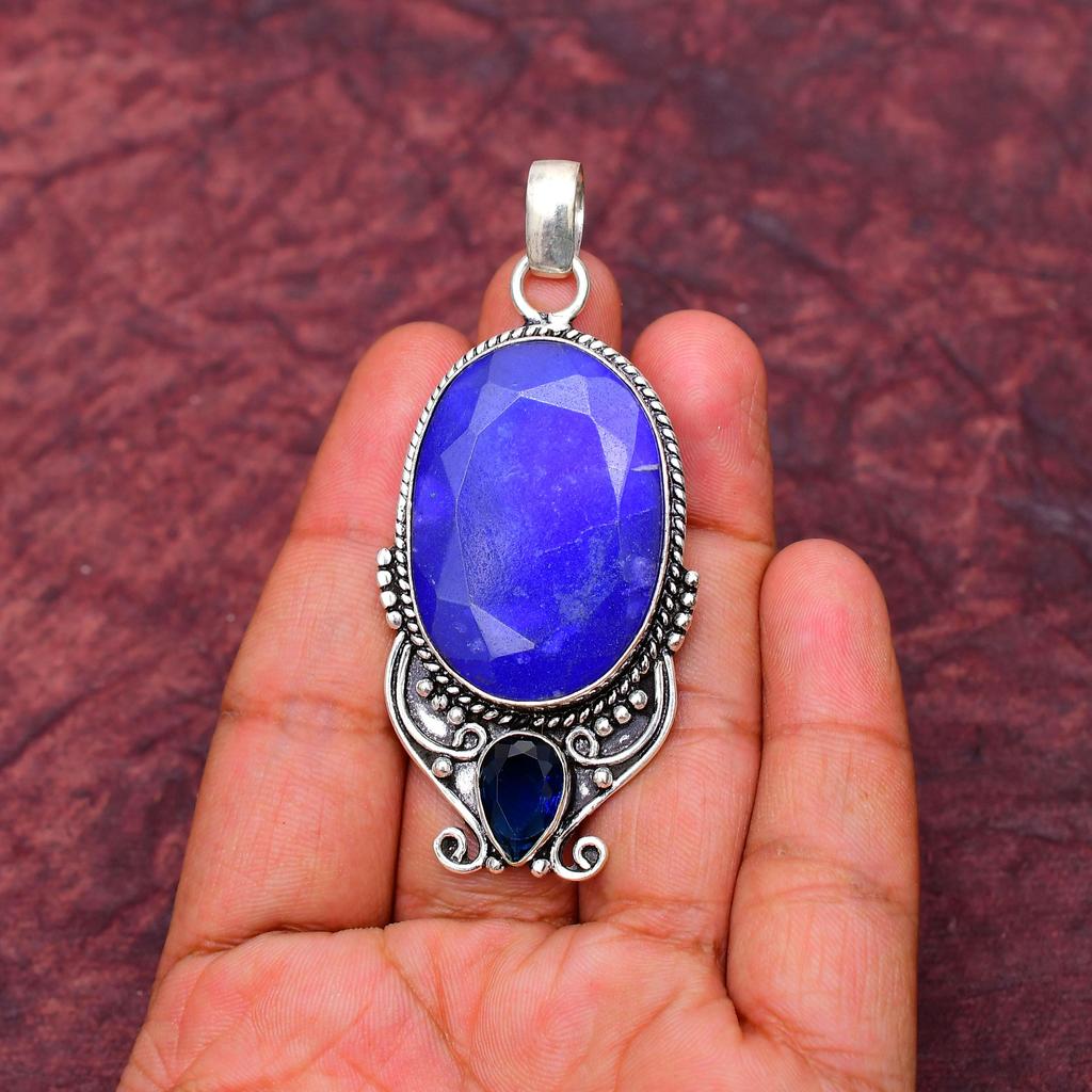 Blue Sapphire Gemstone Pendant : 925 Sterling Silver Handmade Jewelry Pendant