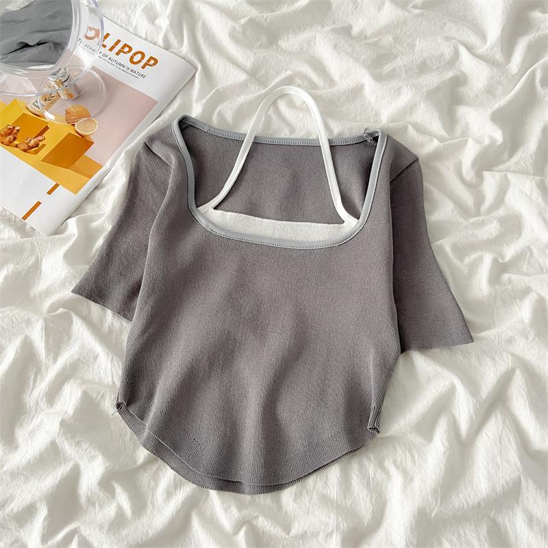 Sommer T-Shirt mit hängendem Hals und quadratischem Ausschnitt für Damen, lockeres, großes, kurzärmliges Oberteil