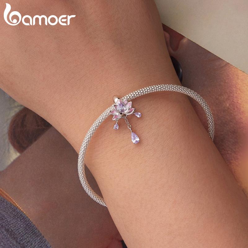 BAMOER 925 Silver Lotus Tassel Silicone Beads Pink Link Chain Charm for Women Bracelet DIY Jewelry Accessories
