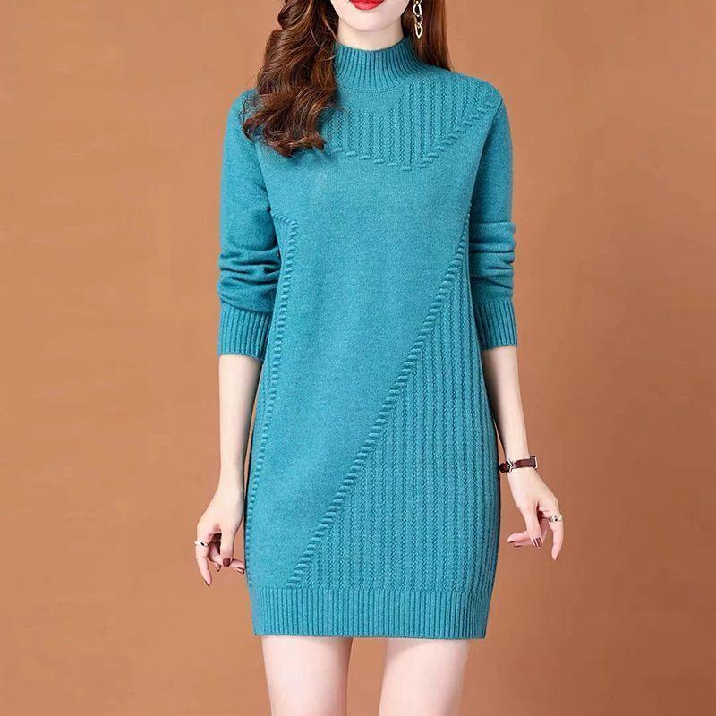 Half Turtleneck Knitted Dress for Women In Autumn and Winter Solid-color Long-sleeved Pullover Mid-length Casual Solid-color Sweater