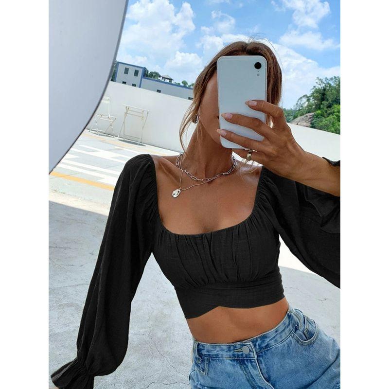 Lace Up Square Neck Super Short Long Sleeve Ladies Shirt Top
