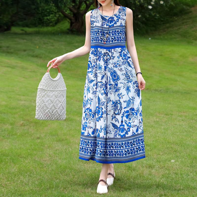 Summer  Women Plus Size Boho Dress Long Maxi Sundress Party Dress Elegant Vestidos Print O-neck High Waist Sleeveless