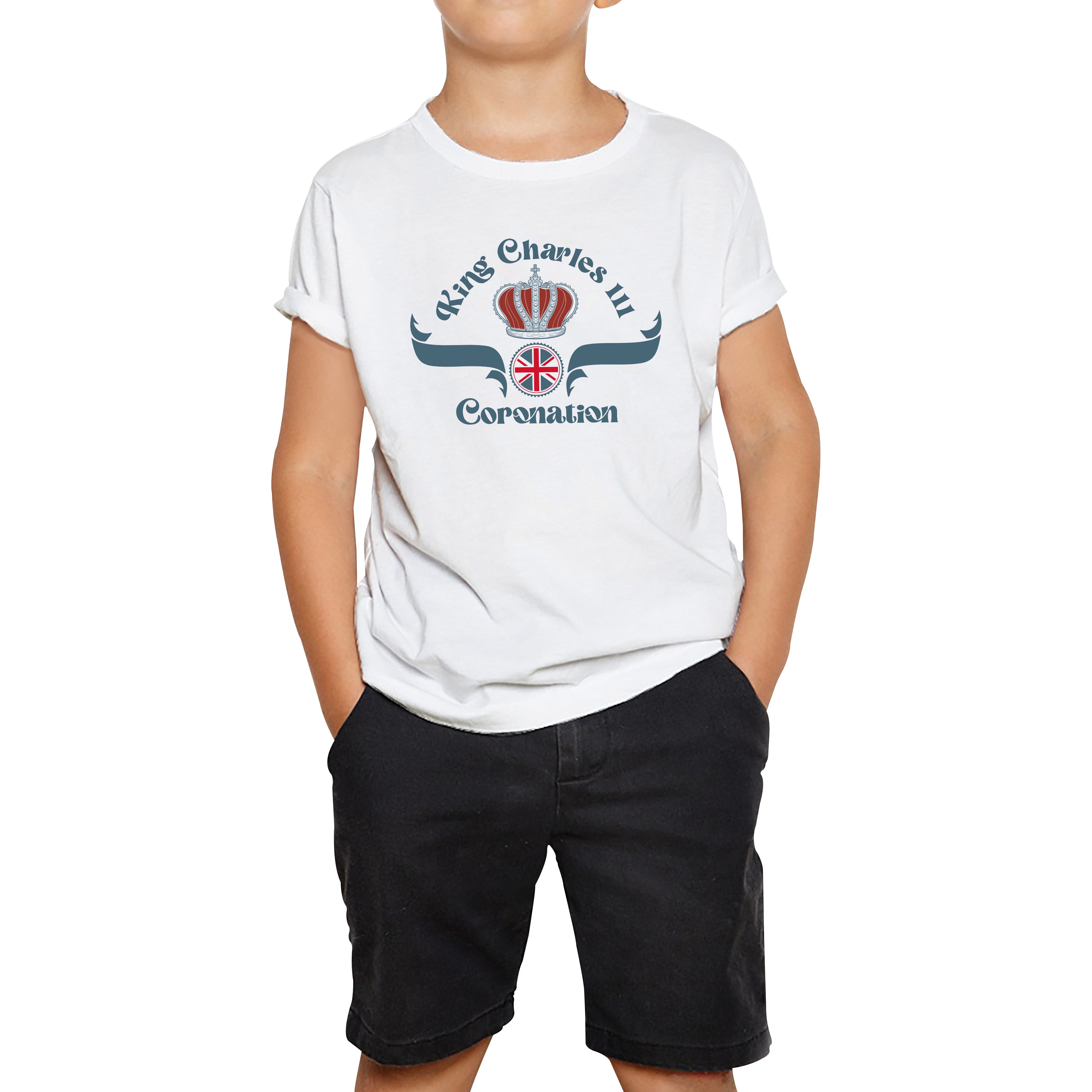 

King Charles III Coronation Royal Crown CR III His Majesty Union Jack God Save The King Uk Flag Kids T Shirt 120