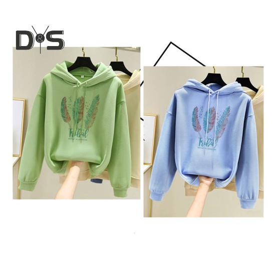 Fall Winter Hoodie Feather Print Long Sleeve Thick Loose Soft Drawstring Hooded Unisex Keep Warm Casual Elastic Cuff Women Men Hoodie