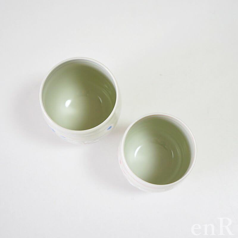 Hasami Ware Teacup Pair Set with Cherry Blossom Spiral Design.