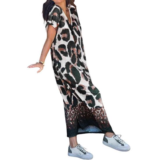 

Women Summer T-shirt Shift Dress Leopard Print Short Sleeve V Neck Long Dress Casual Maxi Beach Sundress L чёрный