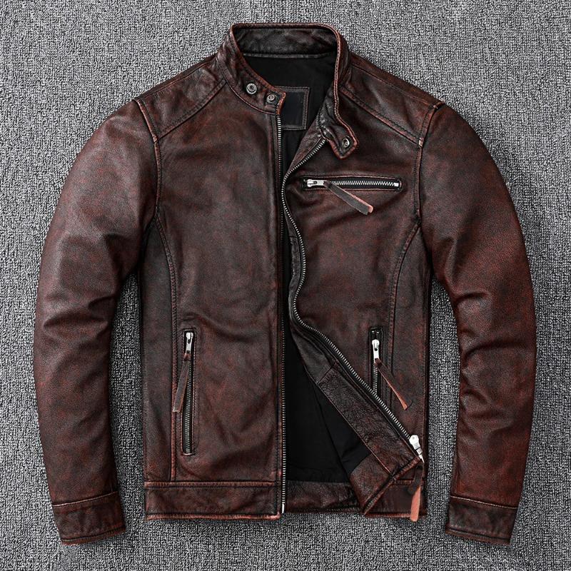 Chinesische Größe Vintage braun Mantel klassische Biker Stil kurze schlanke echte Lederjacke Männer Casual Ledermantel Herbst