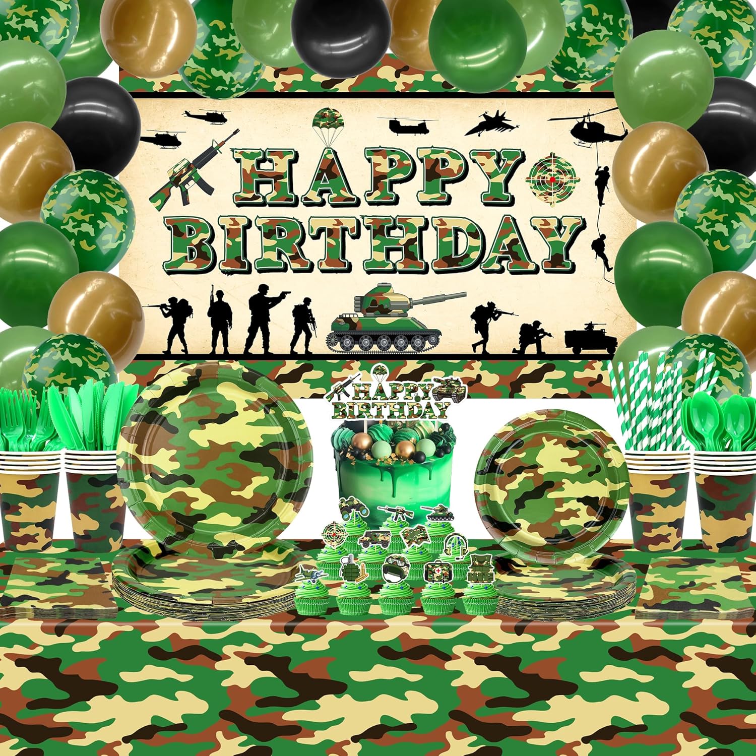 Camo Birthday Party Decoration, Army Party Supplies, Plates Cups Napkins Camo Tablecloth Happy Birthday Backdrop Balloons Cake Toppers for Boy
