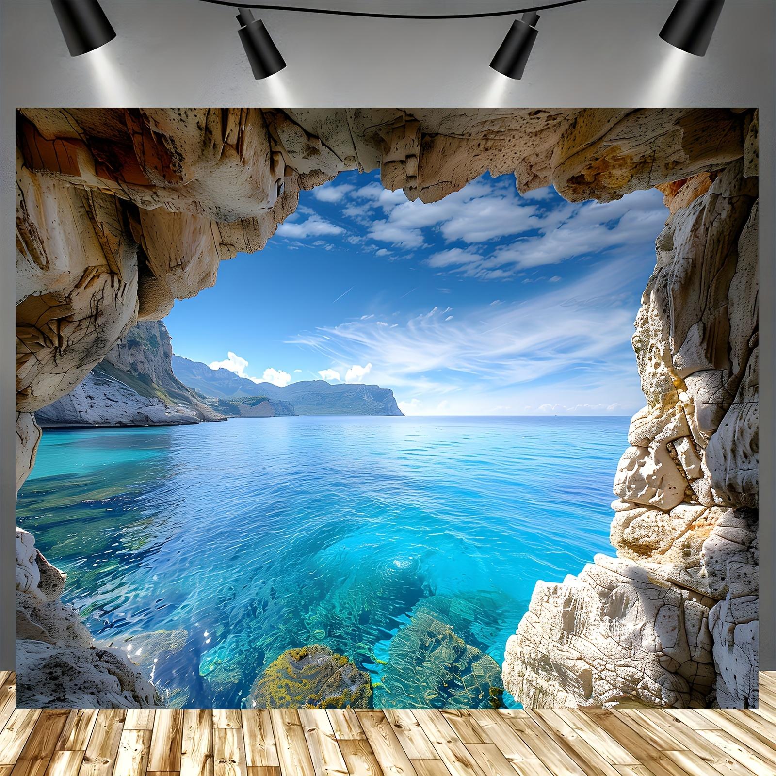 Polyester material sea cave background fabric - Multi-functional ocean waves and rock wall decorative fabric 100x150cm