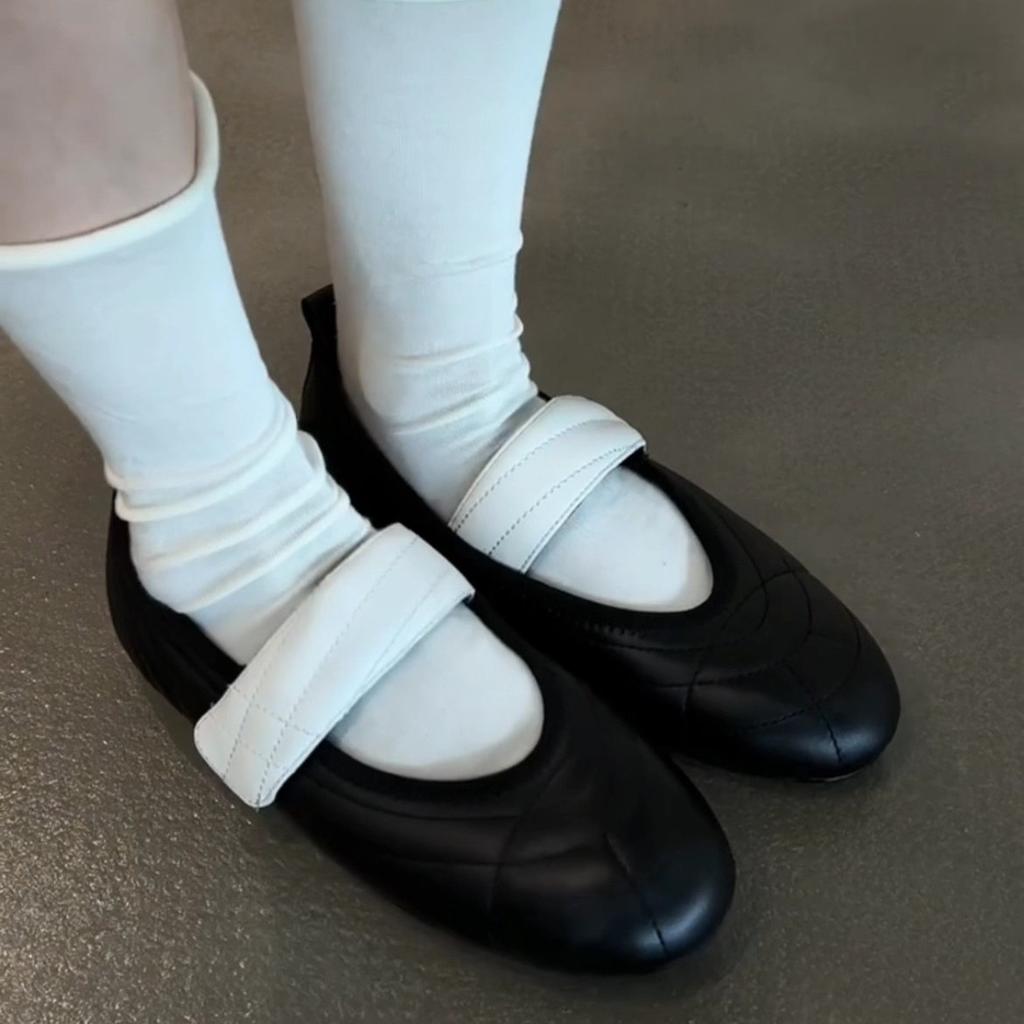 Soft Leather Version~ French Leather Light Mouth Mary Jane Shoes Women's 2025 New Velcro Color Matching Flat Ballet Shoes