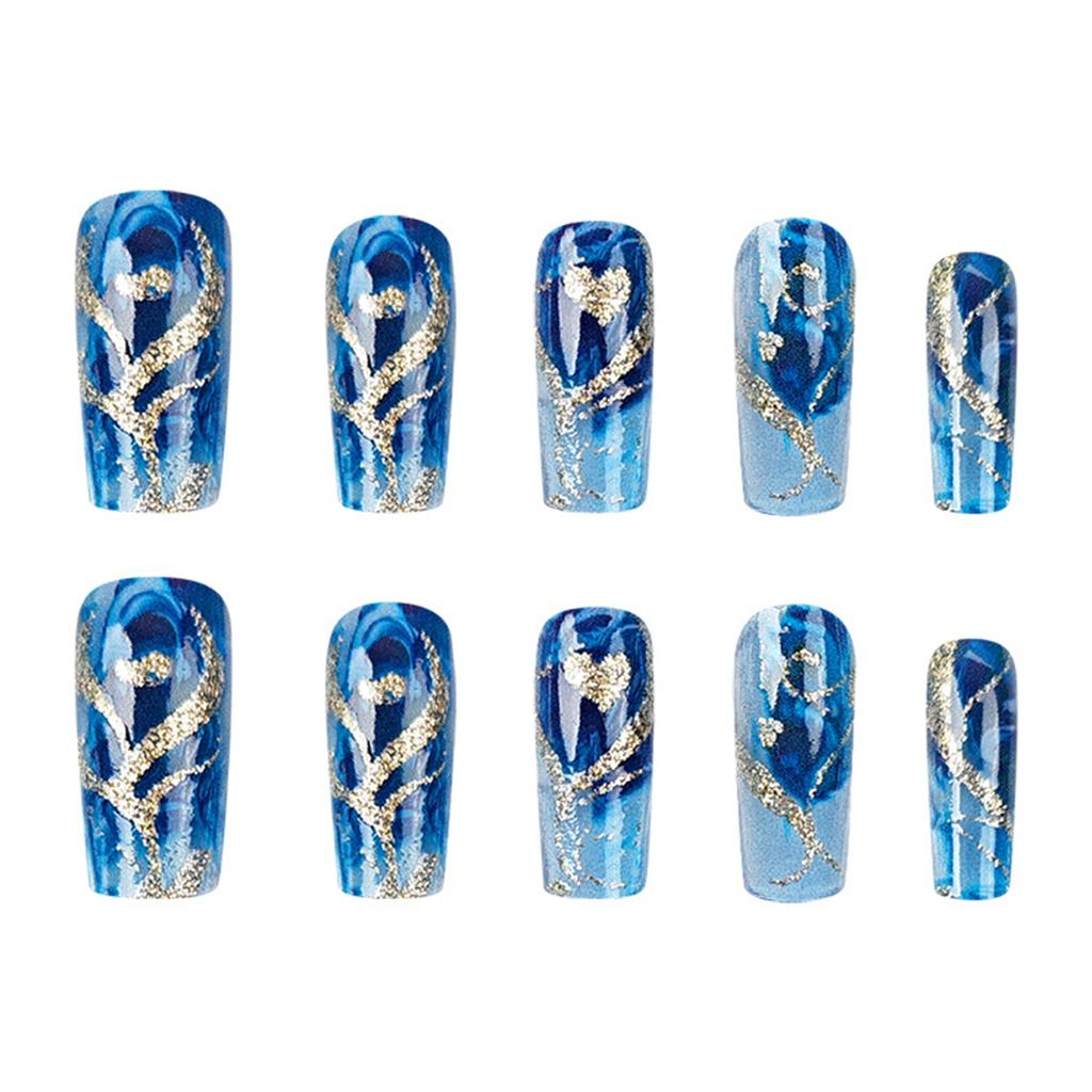 24 Stück Lange Sarg-Pressnägel Goldglitzer Herzdesign Falschnagel Blau Blühende Nagelkunst für Frauen und Mädchen