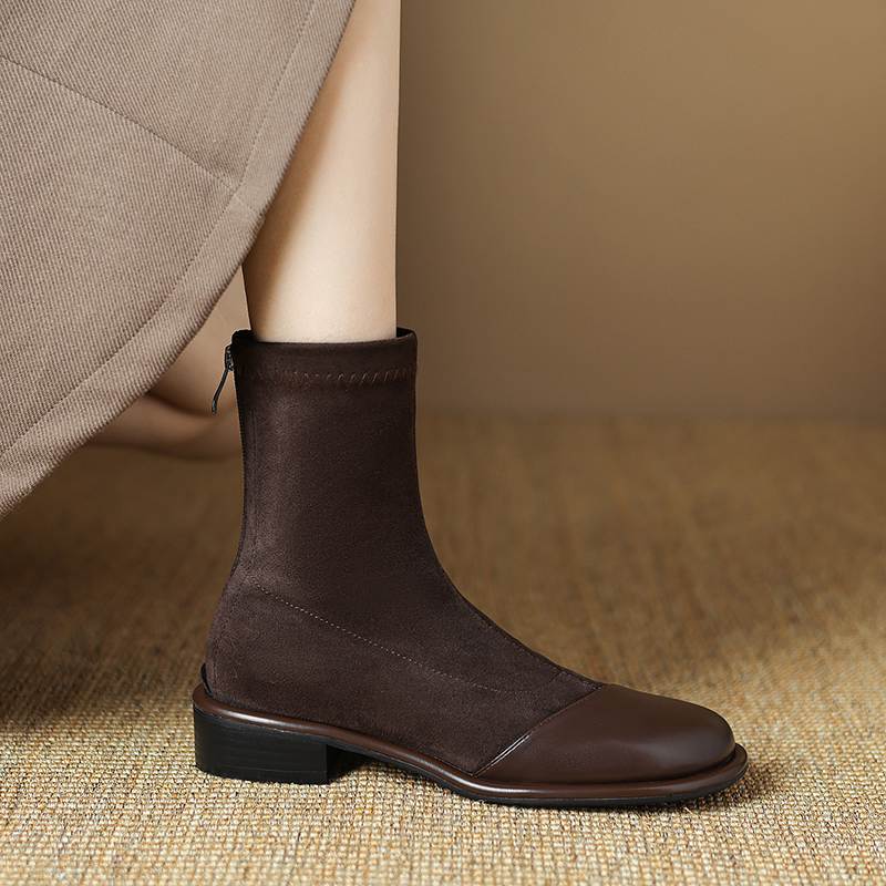 Krazing Pot Flock Autumn Winter Shoes Low Heels Size 43 Stretch Boots Back Patch Work Street Wear Elastic Ankle Boots