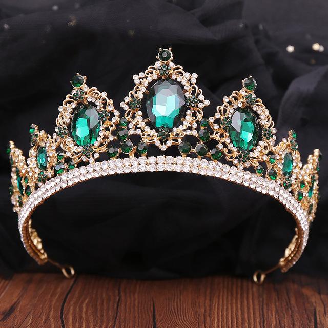 Luxury Big Rhinestone Bridal Tiaras Crown Baroque Green Crystal Diadem For Bride Headband Wedding Hair Jewelry Dress Accessories