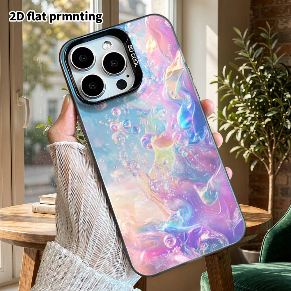 Phone Case: 2D Flat Design, Fits iPhone 18, 17, 16, 15, 14, 13 Pro, Color Silver Protective Case, Couple Style, Rainbow Bubbles, Christmas and Hallowe