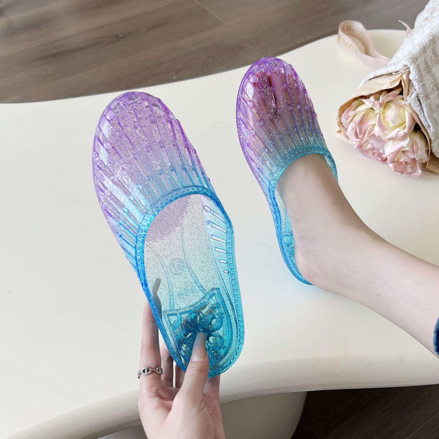 

Summer new crystal bag head cool slippers women s summer wear fashionable flat sandals household non-slip hollow jelly shoes 41 [one size smaller]