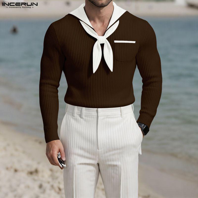 INCERUN Men Sailor Collar Long Sleeve Stitching Autumn Rib Knitted Pullovers Tops