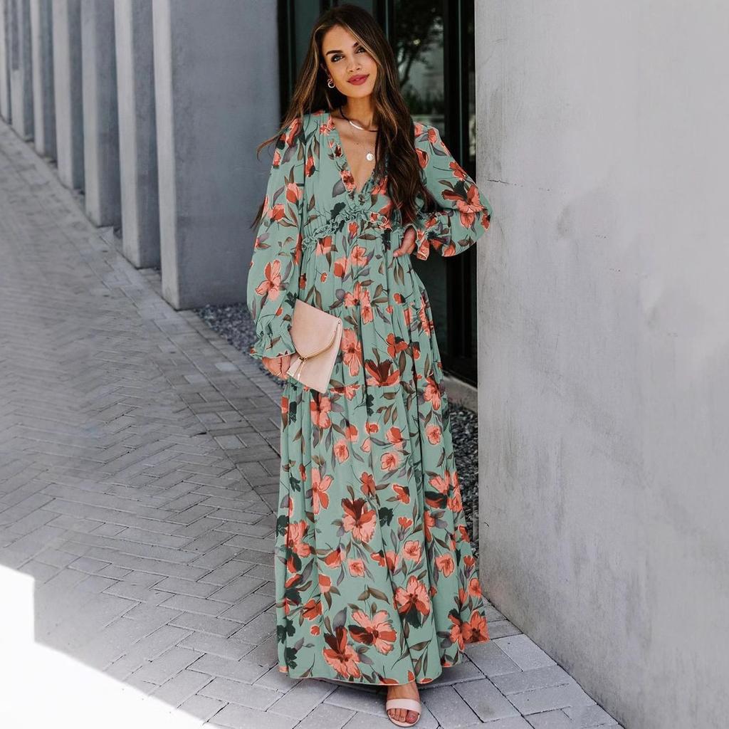 Women Floral Print Long Sleeve V Neck Ruffle Trim Tiered Chiffon Maxi Dress Boho Casual Beach Vacation Wedding Guest Evening Party Elegant Long Dress