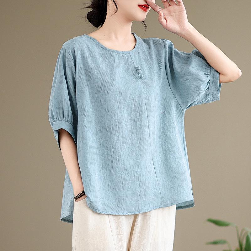 

2025 Summer Women s Petite Loose-Fit Cotton Linen Jacquard Top & Casual Harem Pants Set 2XL