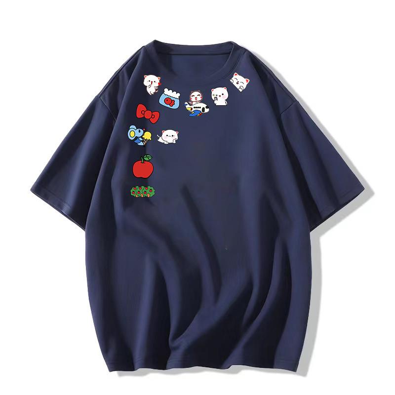 

2025 Новая женская белая хлопковая футболка с коротким рукавом: Свободный крой в американском стиле с прямым плечом XL темно-синий