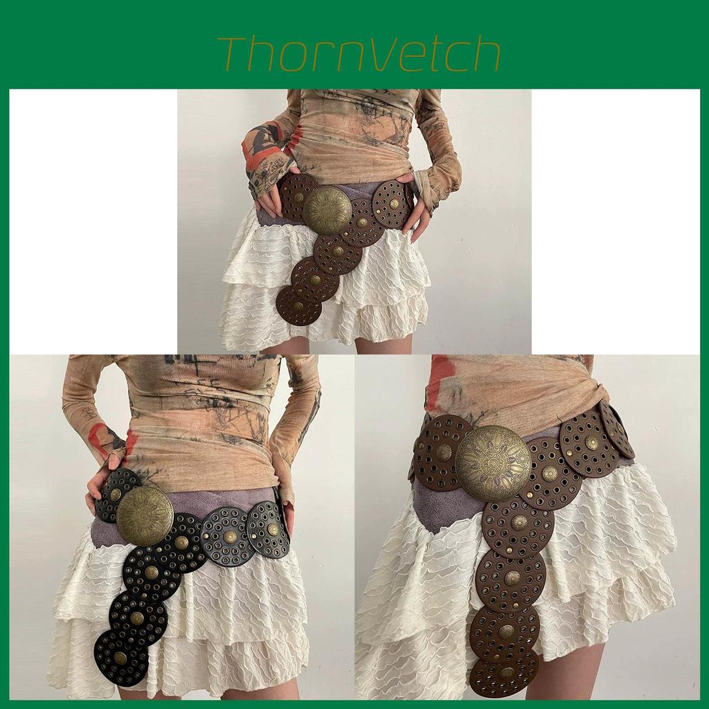 Cintura Larga in Ecopelle Stile Boho con Fibbia Metallica Circolare per Donne Moda Estiva