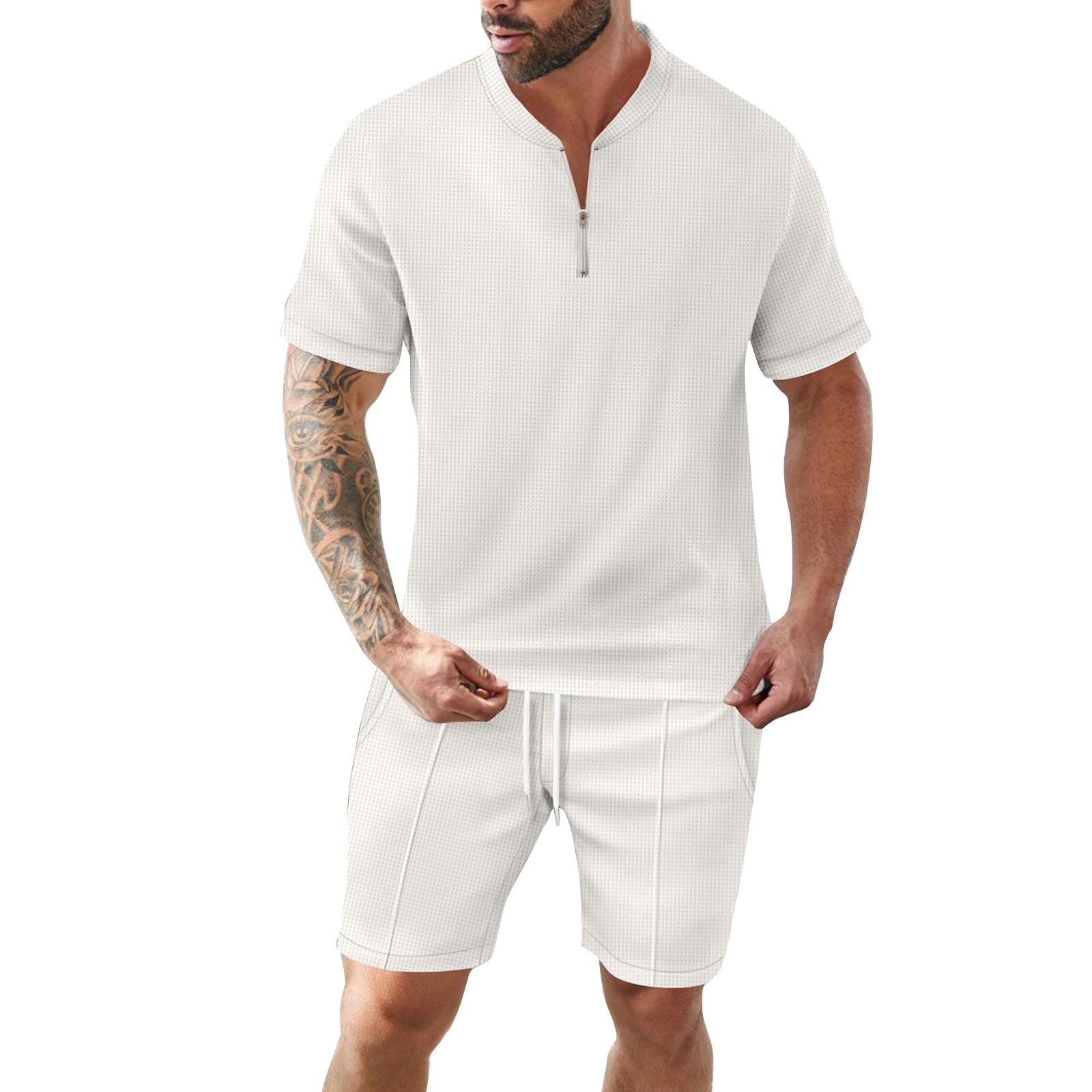 

Мужской летний однотонный комплект из топа и шорт с коротким рукавом на молнии и воротником-стойкой для активного отдыха XL белый