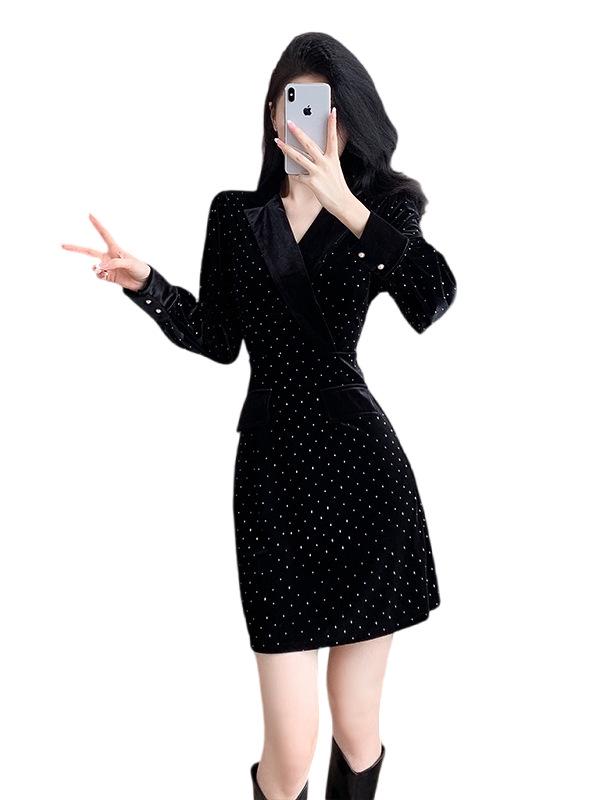 Gold Velvet Rhinestone Waist-Slimming Dress for Women
