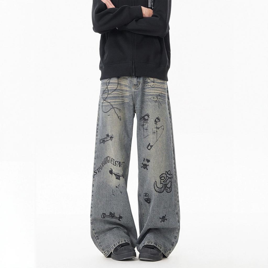 American washed old straight jeans boys summer new trendy brand loose casual graffiti wide leg trousers