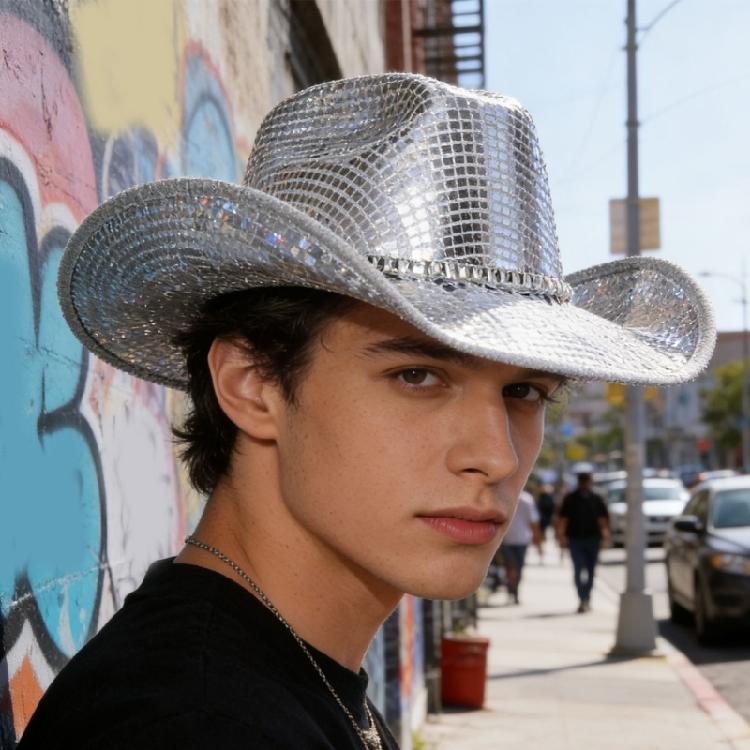 Disco Theme Cowboy Cap with Shining Sequins Cosplay Event Wide Brims Hat for Family Party Gathering Music Festival Props