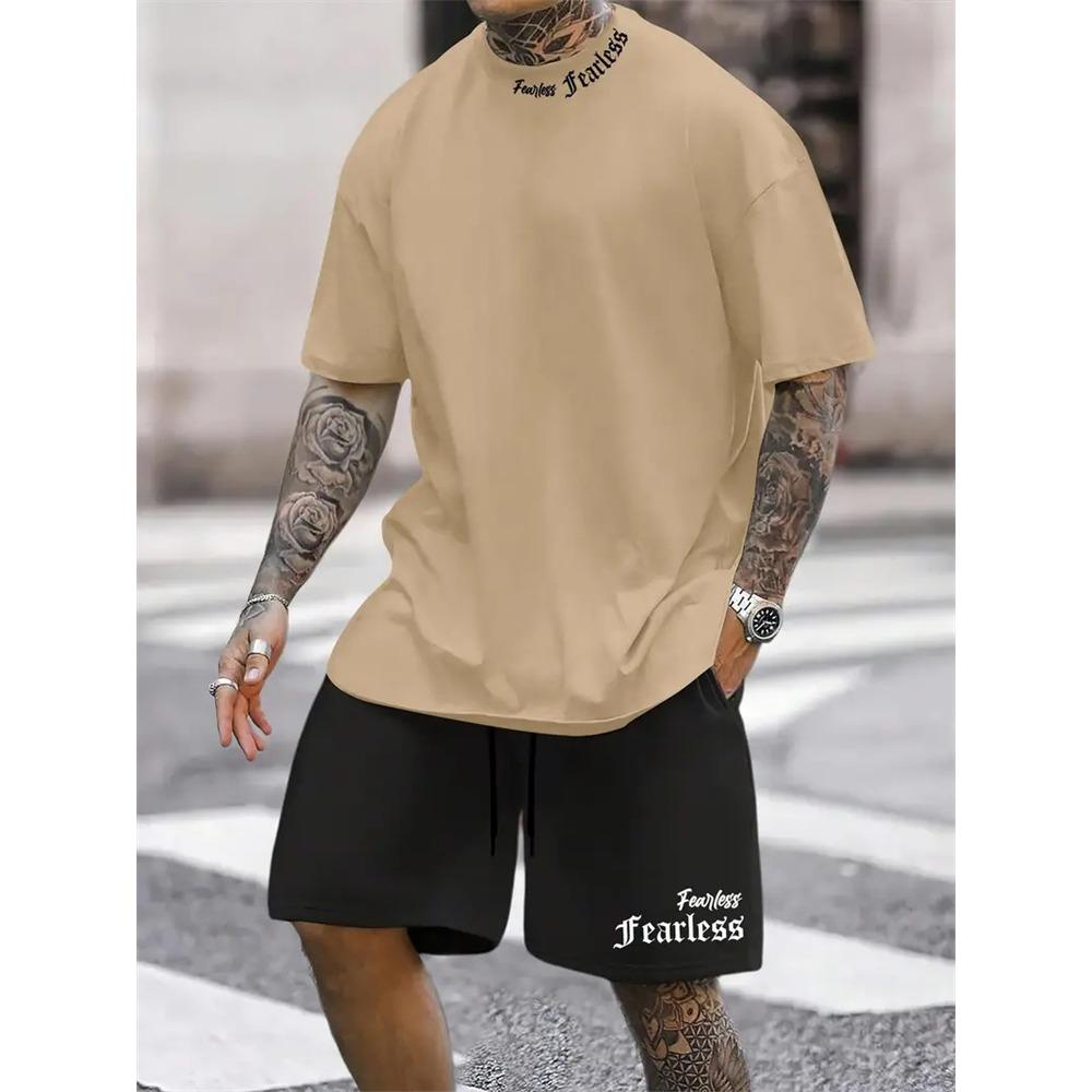Summer Solid Color Letters Printed Suit Casual Sportswear Men's Suit Short-Sleeved T Shirt Street Hip-Hop Two-Piece Set