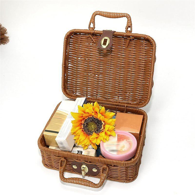 Wicker Picnic Basket, Vintage Decorative Prop Suitcase Storage Hamper Makeup Organizer,Metal Lock Plastic Rattan