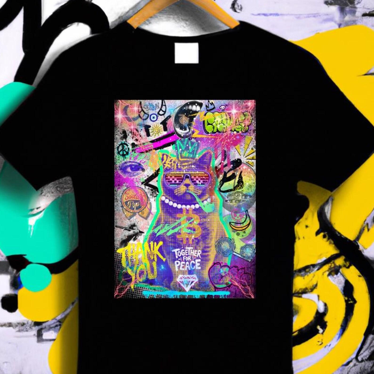 Graffiti Cat With Glasses T-Shirt, Street Art Cat Tee, Cool Cat Graphic Tee, Graffiti Streetwear Gift, Pop ArT-Shirt, Cat Lover Art Gift 2XL
