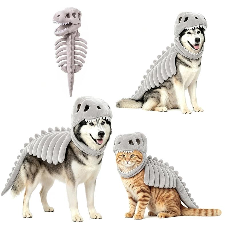 Halloween Dinosaurierskelett Kostüm für Haustiere, Skelettschädel und Rippen Design Outfit mit gepolsterter Wirbelsäule und Schwanz für Hunde und Katzen Cosplay