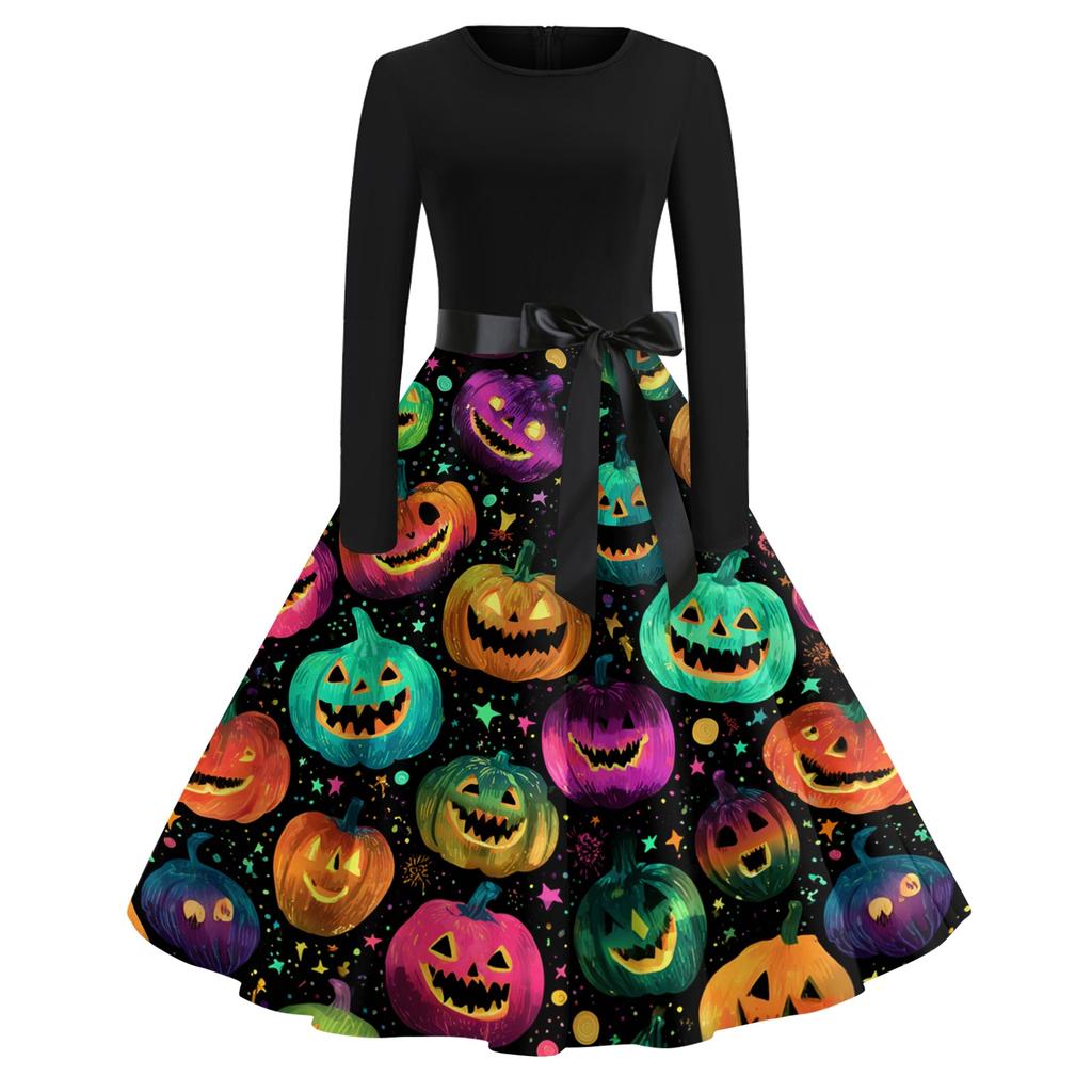 Women's Vintage Long Sleeve Round Neck Halloween Party Dress with Printed Skirt and Waist Tie Elegant Retro Style