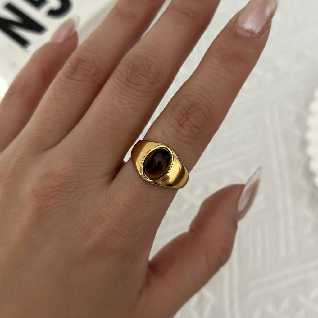 Maillard Style Tiger's Eye Signet Stone Ring for Women Adjustable Gold Plated PVD Coating Stainless Steel Party Jewelry Gift