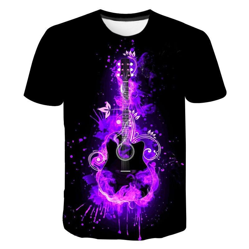 Summer Round Neck Colorful Guitar Graphic 3D Print Top Fashionable Casual Short Sleeved Men's T-shirts