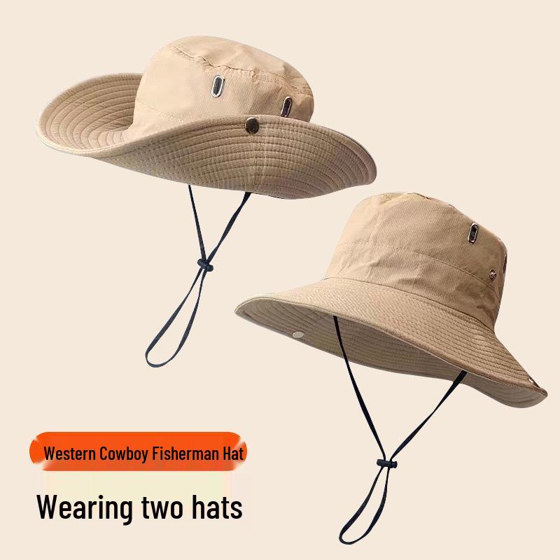 Westlicher Cowboy-Sonnenhut zum Angeln und Wandern - Unisex, Große Krempe, Kordelzug, Perfekt für Sommerurlaube