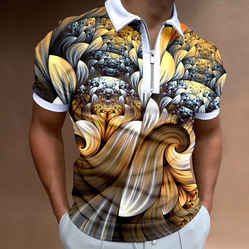 Trendy Abstract Graphic Zip Collar Short Sleeve Polo Shirt, Fashionable Casual Top