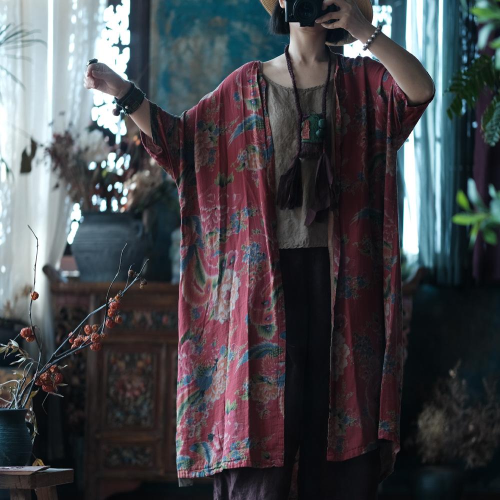 

Johnature Жіночі вінтажні сорочки з квітковим принтом, червоні топи з сімома рукавами, літні жіночі довгі блузки в китайському стилі One Size червоний