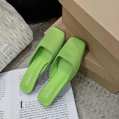 Fashion Satin Mule Shoes Triangle Heel 2024 Early Spring New Style Baotou Half Slippers Women's Square Toe Sandals  Slippers for Women