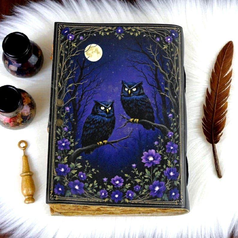 Grimorio Búho Negro – Libro de las Sombras de Cuero | Libro de Hechizos Brujeril | Diario de Magia Lunar Hecho a Mano | Cuaderno de Tarot