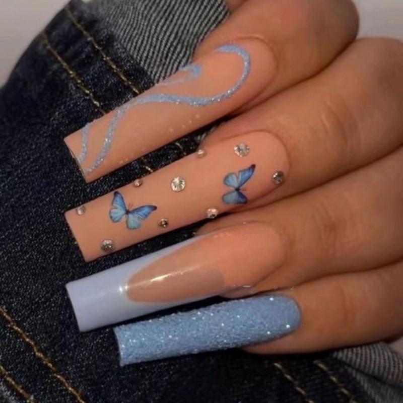 Long French Water Pipe Nail Art With Butterfly Rhinestone Sparkle Acrylic Press-On Tips Ins Style Gel Nail