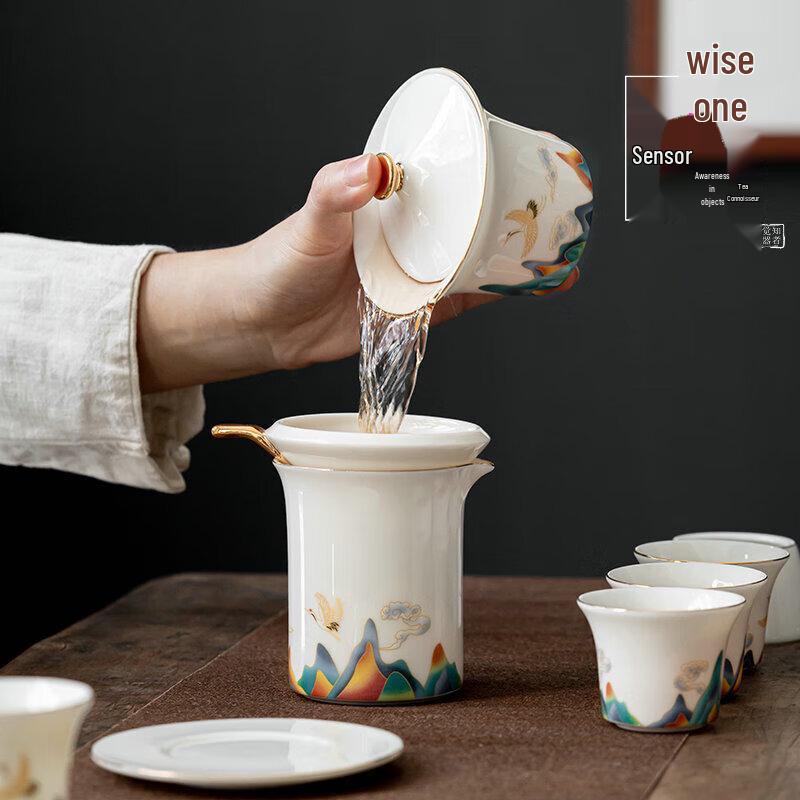 Auspicious Crane Mountain View 20-Piece Ceramic Tea Set