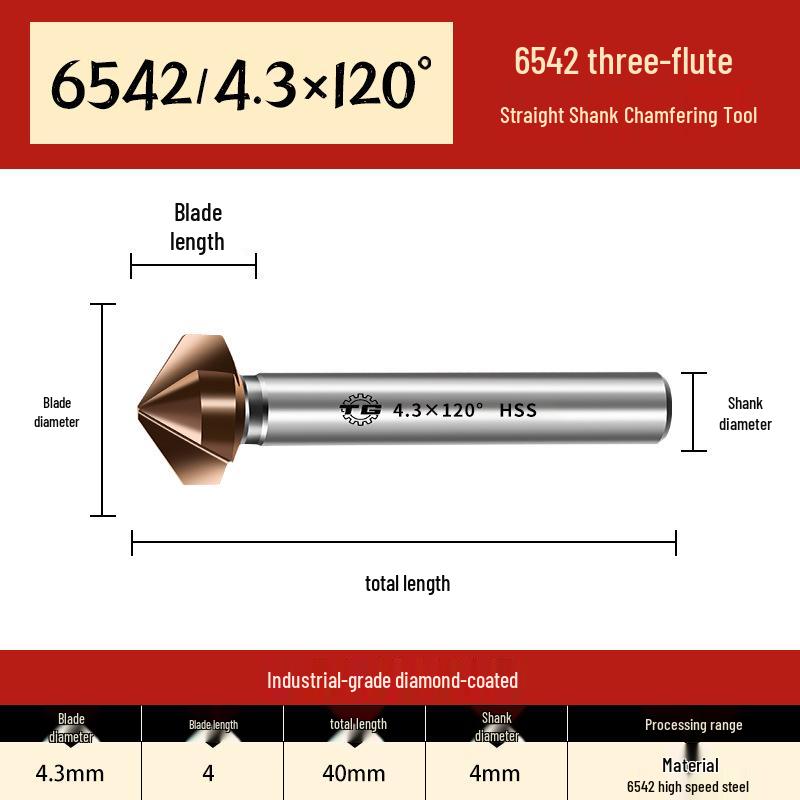 Tiangong 6542 Cobalt HSS 60° Single-Edge Chamfering, Deburring, and Countersink Cutter with Straight Shank.