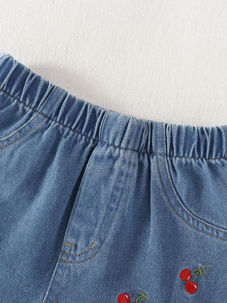 Two-piece Set for Girls: Sweet Cherry Embroidered Button-down Sleeveless Top and Versatile Retro Blue Denim Shorts with Rolled-up Cuffs.