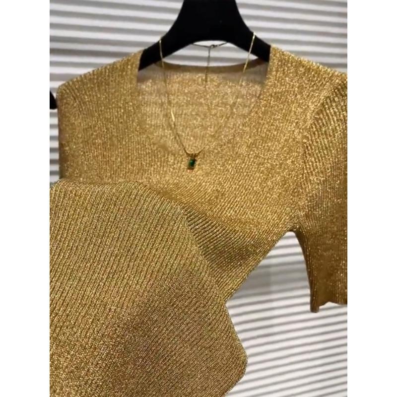 Summer Fashion Gold Short-sleeved T-shirt Women Slim Casual Pullover Top Female V-neck Knitting Tee