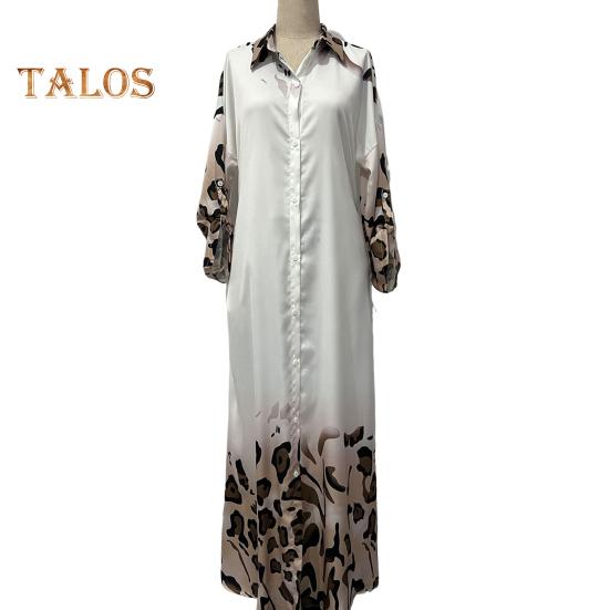Lady Spring Maxi Dress Lapel Leopard Print Long Sleeves with Cufflink Loose Single-breasted Vintage High Waist Casual Daily Dress